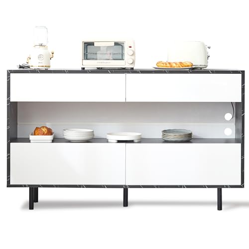UATARU 150cm Sideboard with Lights, 4 Drawers & Open Storage Space, Kitchen Sideboard Cabinet with Metal Frame and Tilt Protection for Living Room, Dining Room von UATARU