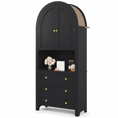 UATARU 180cm Standing Cabinet with Arch Roof, Kitchen Cabinet with Doors and 3 Drawers, Display Showcase Sideboard for Living Room, Bedroom (Black) von UATARU