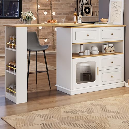 UATARU 360° Rotating Bar Table with 4 Drawers Open Shelves, Bistro Table Kitchen Counter Buffet Cabinet with Glass Door for Dining Room Living Room (White) von UATARU