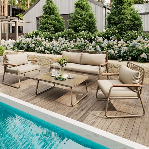 UATARU 4-Piece Garden Furniture Set, Table with Tempered Glass Top, 2 Armchairs & Sofa for 2 Seater with Cushion, Balcony Patio Furniture (Beige) von UATARU