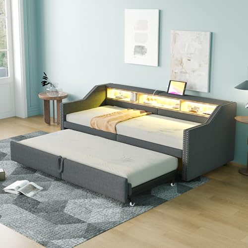 UATARU 90/180 x 190 cm Extendable Bed Frame with LED, USB Sockets and Storage Compartments, Day Bed with Slatted Frame, Without Mattress (Dark Gray) von UATARU