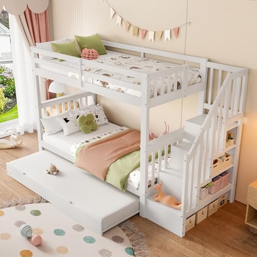 UATARU ﻿90 x 200 cm Bunk Bed with Pull-Out Bed & Storage Space Stairs, Functional Bed with Fall Protection for 3 Children von UATARU