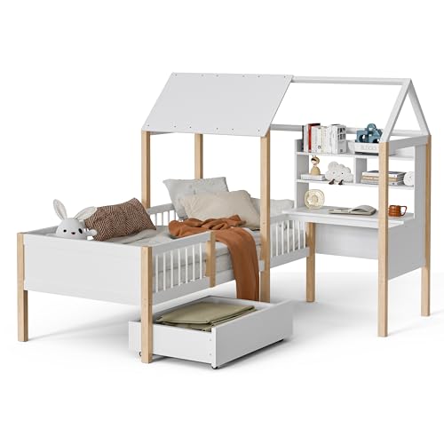 UATARU 90 x 200 cm Children's Bed with Slatted Frame, L-Shaped Desk and Bookshelf, Drawers with Wheels, Multifunctional House Bed with Fall-Out Protection UATARU 90 x 200 cm Children's Bed with Slatted Frame, L-Shaped Desk and Bookshelf, Drawers with Wheels, Multifunctional House Bed with Fall-Out Protection von UATARU