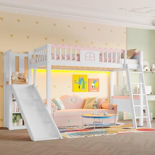 UATARU 90 x 200 cm Children's Bunk Bed with Lights, House Bed with Slide & Stairs Storage Compartment, Wooden Bed Frame with Fall Protection and Slatted Frame, Window, Without Mattress von UATARU