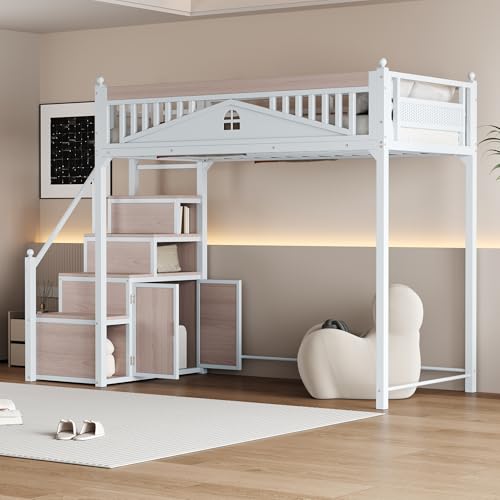 UATARU 90 x 200 cm Metal Bunk Bed Frame with Safety Stairs, Fall Protection with Metal Ball and Window Design (White) von UATARU