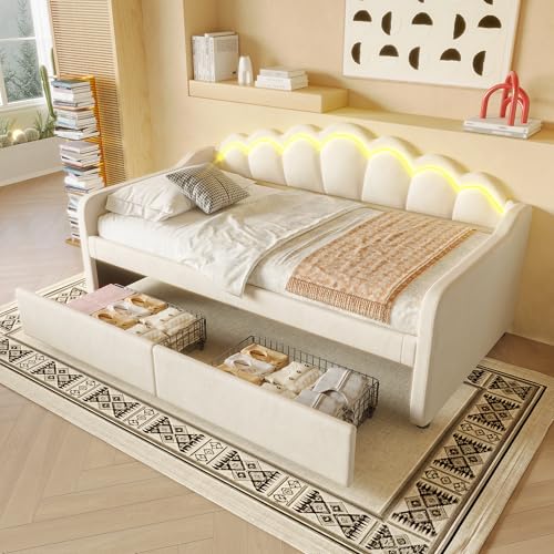 UATARU 90 x 200 cm Sofa Bed Day Bed with Light, 2 Storage Drawers, Day Bed Guest Bed Frame with Slatted Frame, Mattress Not Included (Beige) von UATARU