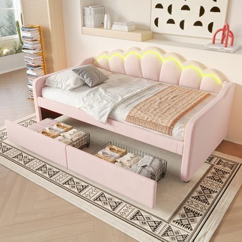 UATARU 90 x 200 cm Sofa Bed Day Bed with Light, 2 Storage Drawers, Day Bed Guest Bed Frame with Slatted Frame, Mattress Not Included (Pink) von UATARU