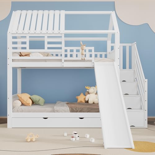 UATARU 90x200cm Bunk Bed with Stairs and Slide, House Bed, Stairs with Storage Space, Cot with Window and Roof, Fall Protection Grille and Drawer UATARU 90x200cm Bunk Bed with Stairs and Slide, House Bed, Stairs with Storage Space, Cot with Window and Roof, Fall Protection Grille and Drawer von UATARU