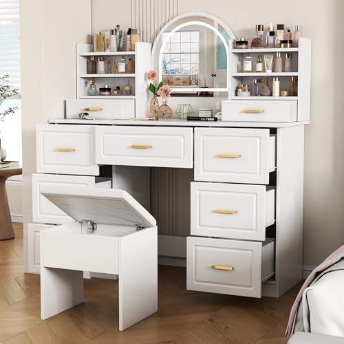 UATARU Bedroom Dressing Table with Mirror, Corner Dressing Table with Lighting Adjustable Brightness, 9 Drawers Cosmetic Table with Stool von UATARU