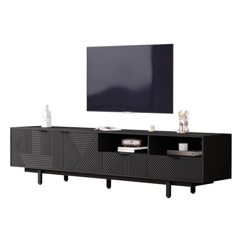 UATARU Black TV Cabinet for 90 Inch TV, Low Plate with Geometric Pattern, 2 Doors and 2 Drawers, Modern TV Sideboard, 200 * 40 * 51cm von UATARU
