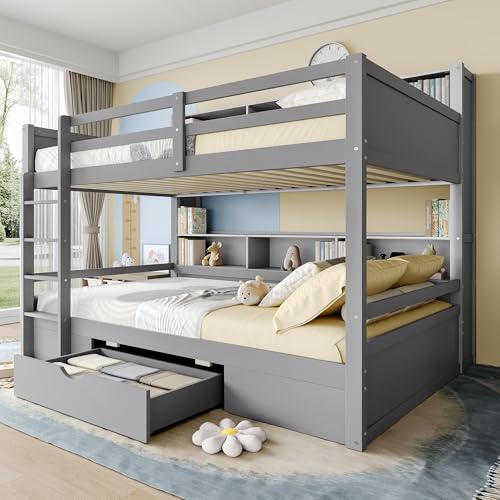 UATARU Bunk Bed 90 x 200 cm for 2 Children, House Bed with Stairs and 1 Storage Drawers, Fall Protection and Storage Shelf, Slatted Frame, Without Mattress (Gray) von UATARU