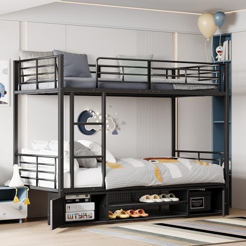 UATARU Bunk Bed 90 x 200 cm for 2 Children, Youth Bed with Shoe Cabinet and Storage Cabinet, Metal Bed Frame with Fall Protection and Slatted Frame, Without Mattress ﻿ (Black) von UATARU