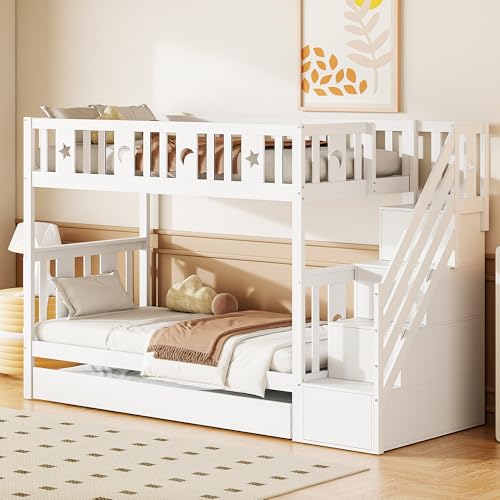 UATARU Bunk Bed 90 x 200 cm with 2 Beds, Lower Bed with Pull-Out Bed 90 * 190 cm, Extendable to Double Bed, Storage Space Stairs, Fall Protection von UATARU