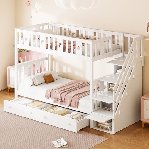 UATARU Bunk Bed 90 x 200 cm with 2 Drawers, Extendable to Double Bed, Storage Space Stairs, Fall Protection ﻿ von UATARU