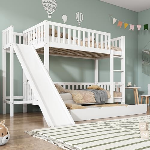 UATARU Bunk Bed 90 x 200 cm with Pull-Out Bed, Stairs and Slide for 3 Children, Teenager's Bed with Slatted Frame and Fall Protection, Functional Bed, Without Mattress ﻿ von UATARU