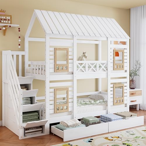 UATARU Bunk Bed for 2 Kids, 90 x 200 cm Children's Bed with Storage Stairs, Slatted Frame and Fall Protection, White Tree House Bed with Window and Roof, Mattress Not Included von UATARU