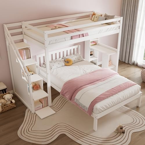 UATARU Bunk Bed with Storage Stairs and Guard Rail, Space-Saving Kids Bed with Desk and Shelves, Double Bed with Slatted Frame, Large Storage Space (No Mattress) von UATARU