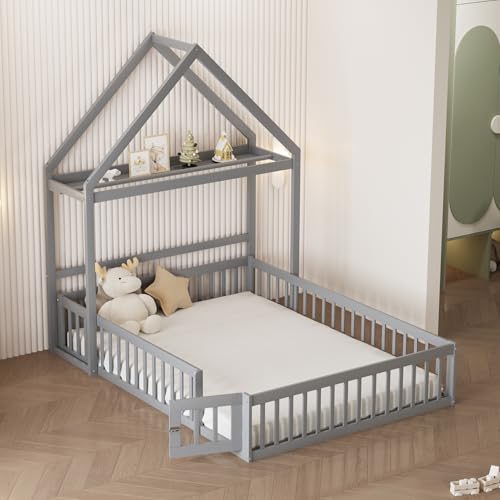 UATARU Children's Bed 140 x 200 cm with Fall Protection and Slatted Frame, Solid Wood House Bed with Bookshelf, Roof and Clothes Rack (Gray) von UATARU