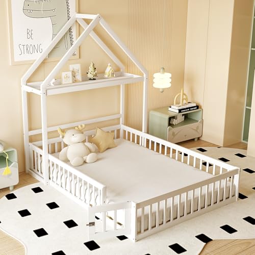 UATARU Children's Bed 140 x 200 cm with Fall Protection and Slatted Frame, Solid Wood House Bed with Bookshelf, Roof and Clothes Rack (White) von UATARU