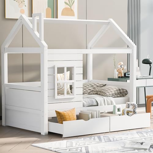 UATARU Children's Bed 80 x 160 cm with 2 Bed Box, Fall Protection, Windows, Slatted Frame & Roof - Solid Wood House Bed for Kids von UATARU