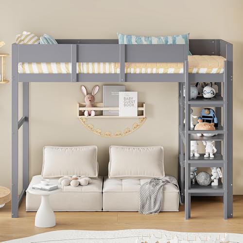 UATARU Children's Bed 90 x 200 cm, Bunk Bed House Bed with Ladder, Storage Shelves, Wooden Single Bed, Youth Bed Frame with Fall Protection and Slatted Frame, Without Mattress (Gray) von UATARU