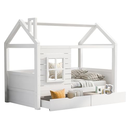 UATARU Children's Bed 90 x 200 cm, Wooden Bed with Drawers, Fall Protection, Bed with Slatted Frame and Storage Space, Teenager's Bed, Functional Bed, Wooden Bed Frame von UATARU
