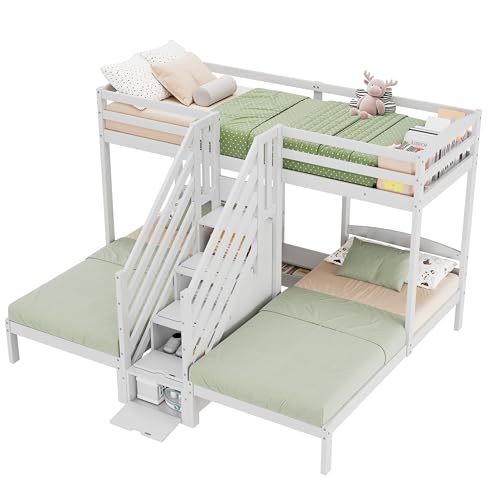 UATARU Children's Bed 90 x 200 cm for 3 Children, Wooden Bed with Storage Ladder, Fall Protection, Slatted Frame, Without Mattress von UATARU
