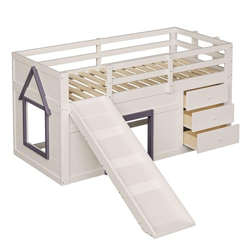 UATARU Children's Bed with Slide, 3 Drawers and 2 Doors, High Bed Play Bed Frame with Slatted Frame, Without Mattress (90 x 200) von UATARU