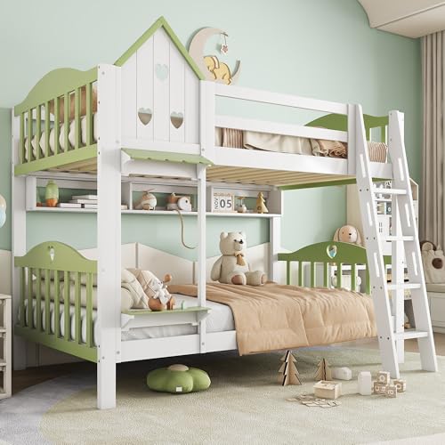 UATARU Children's Bunk Bed 90 x 200 cm, House Bed for 2 Children, Cabin Bed with Stairs, Open Storage Shelf, Slatted Frame and Fall Protection, Tree House Bed with Window von UATARU