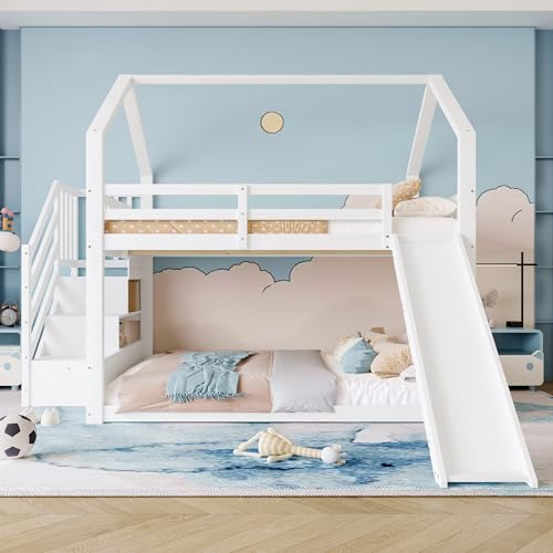 UATARU Children's Bunk Bed 90 x 200 cm for 2 Children, House Bed with Slide & Stairs Storage Compartment, Bed Frame with Fall Protection and Slatted Frame, Without Mattress von UATARU