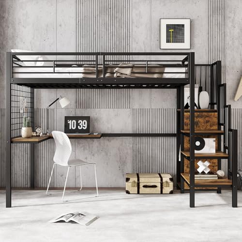 UATARU Children's Bunk Bed 90 x 200 cm with Desk and Wardrobe Under Bed, Bed Frame with Fall Protection Metal Bed with Side Ladder (Black + Dark Walnut) von UATARU