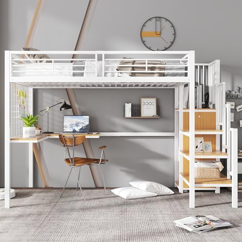 UATARU Children's Bunk Bed 90 x 200 cm with Desk and Wardrobe Under Bed, Bed Frame with Fall Protection Metal Bed with Side Ladder (White+Natural #1) von UATARU