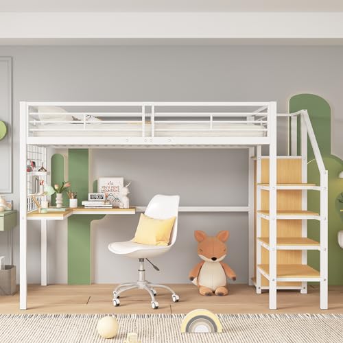 UATARU Children's Bunk Bed 90 x 200 cm with Desk and Wardrobe Under Bed, Bed Frame with Fall Protection Metal Bed with Side Ladder (White+Natural #2) von UATARU