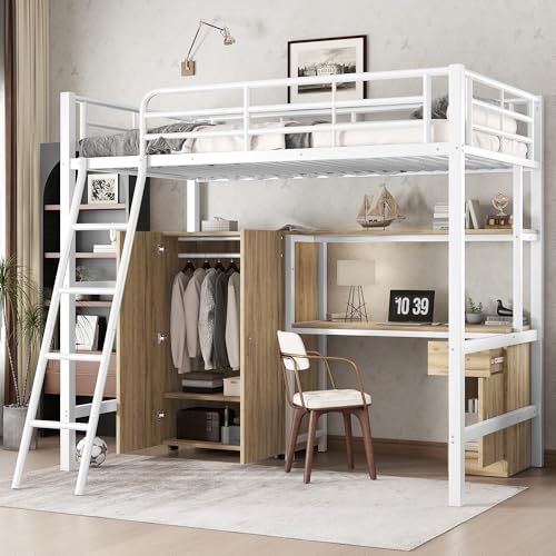 UATARU Children's Bunk Bed 90 x 200 cm with Ladder, Wardrobe, Desk and Shelves, Single Bed with Slatted Frame and Fall Protection, Without Mattress von UATARU