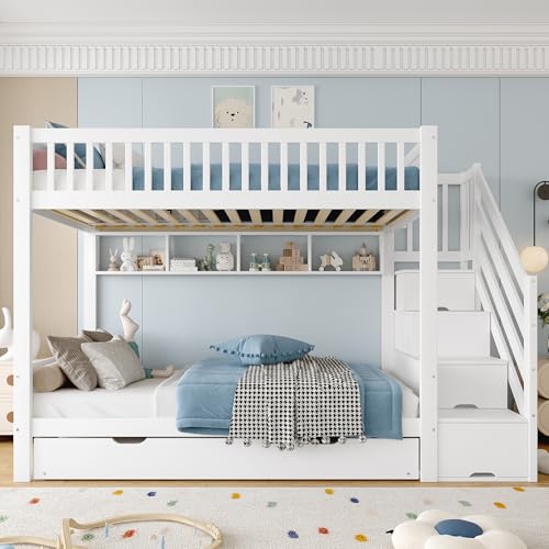 UATARU Children's Bunk Bed 90 x 200 cm with Pull-Out Bed, Bunk Bed with Wardrobe & Storage Stairs, Wooden Slatted Frame and Fall Protection for 2-3 Children, White, Without Mattress UATARU Children's Bunk Bed 90 x 200 cm with Pull-Out Bed, Bunk Bed with Wardrobe & Storage Stairs, Wooden Slatted Frame and Fall Protection for 2-3 Children, White, Without Mattress von UATARU