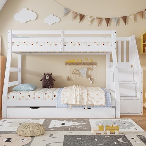 UATARU Children's Bunk Bed 90 x 200 cm with Pull-Out Bed, Stairs with Storage Compartments, Slatted Frame, Fall Protection, Convertible into Three Single Beds UATARU Children's Bunk Bed 90 x 200 cm with Pull-Out Bed, Stairs with Storage Compartments, Slatted Frame, Fall Protection, Convertible into Three Single Beds von UATARU