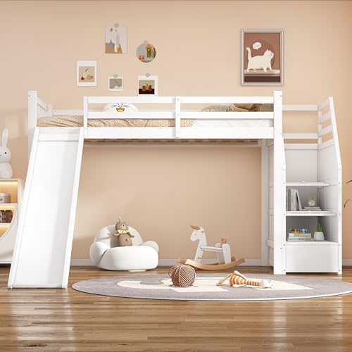 UATARU Children's Bunk Bed 90 x 200 cm with Slide and Storage Steps, Fall Protection, Slatted Frame (Mattress Not Included) von UATARU