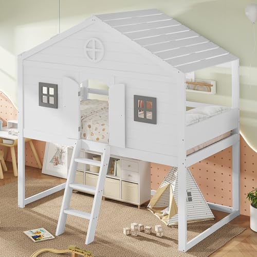 UATARU Children's Bunk Bed 90 x 200 cm with Stairs, Wooden Bed with 2 Windows, House Bed with Fall Protection and Slatted Frame, Mattress Not Included von UATARU