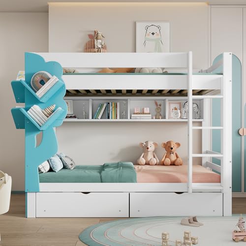 UATARU Children's Bunk Bed with Drawers, Bookshelf, Ladder, 90 x 200 cm, Space-Saving Children's Bunk Beds with Slatted Frame and Fall Protection UATARU Children's Bunk Bed with Drawers, Bookshelf, Ladder, 90 x 200 cm, Space-Saving Children's Bunk Beds with Slatted Frame and Fall Protection von UATARU