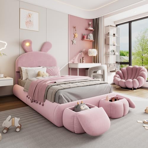 UATARU Children's Single Bed, 90 x 200 cm Upholstered Bed with Light & Storage Bench, Velvet Fabric Rabbit Shape Bed Frame, Girls' Bed, Without Mattress (pink) von UATARU