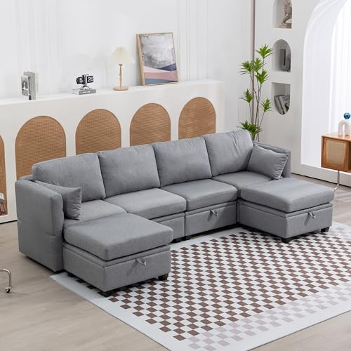 UATARU Corner Sofa with Sleep Function, Living Room Couch Double Bed with Storage Space, 6 Seater Lounge Furniture (Gray) von UATARU