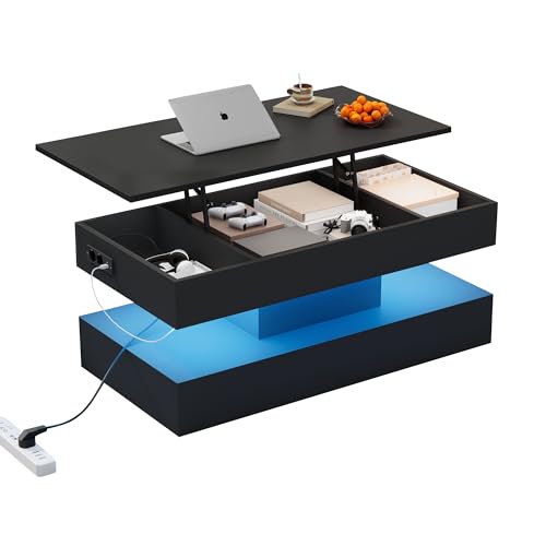 UATARU Couch Table with Lighting, Living Room Coffee Table Height Adjustable with Lifting Plate and Hidden Storage Space ﻿ von UATARU