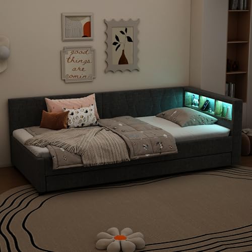 UATARU Day Bed Sofa Bed 90 x 200 cm, Linen Bed with Pull-Out Bed & Socket & LED Light & Multiple Storage Compartments, Bed with Slatted Frame, Without Mattress UATARU Day Bed Sofa Bed 90 x 200 cm, Linen Bed with Pull-Out Bed & Socket & LED Light & Multiple Storage Compartments, Bed with Slatted Frame, Without Mattress von UATARU