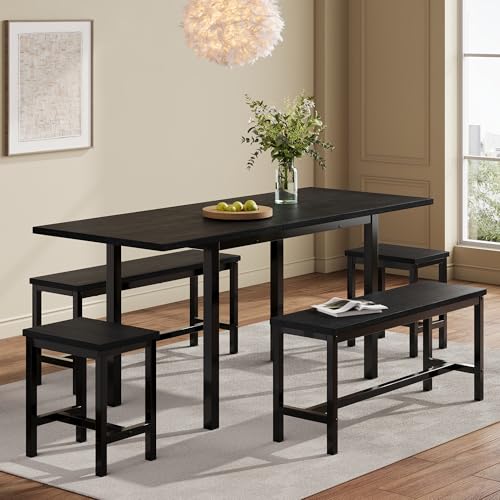 UATARU Dining Table with 4 Chairs, Set of 5, Extendable Kitchen Table with 2 Stools and 2 Benches, Dining Set for 6 People UATARU Dining Table with 4 Chairs, Set of 5, Extendable Kitchen Table with 2 Stools and 2 Benches, Dining Set for 6 People von UATARU