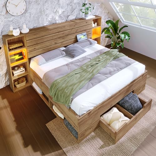 UATARU Double Storage Bed with LED and Charging Ports Storage Head and Drawers, Wooden Slate Frame (Without Mattress) ﻿ (180cm*200cm) von UATARU