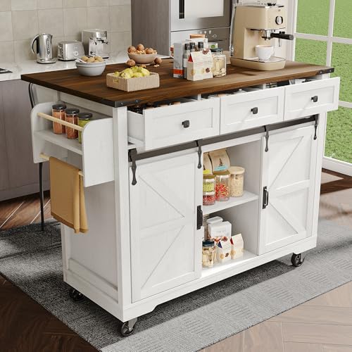 UATARU Drop-Leaf Kitchen Island on 5 Wheels, Utility Storage Cart Cupboards with 2 Sliding Doors, 3 Drawers, Spice & Towel Rack for Dining & Living Room von UATARU