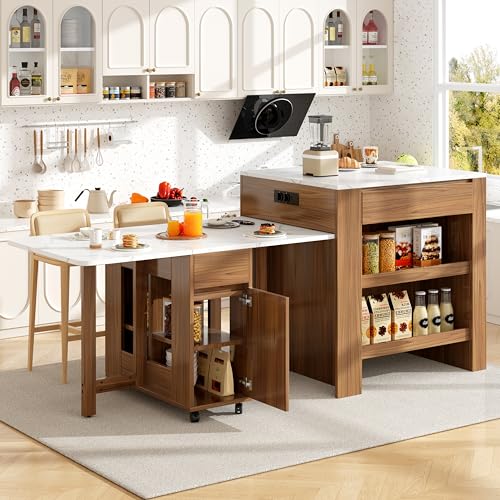 UATARU Extendable Bar Table with Storage Space for 2-6 People, Kitchen Islands with 2 Drawers, 2-Side Open Shelves and Built-in Socket for Dining Room (Walnut) von UATARU