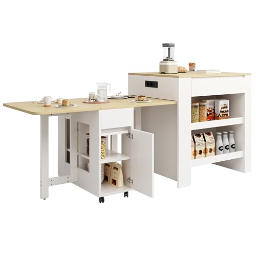 UATARU Extendable Bar Table with Storage Space for 2-6 People, Kitchen Islands with 2 Drawers, 2-Side Open Shelves and Built-in Socket for Dining Room (White) von UATARU