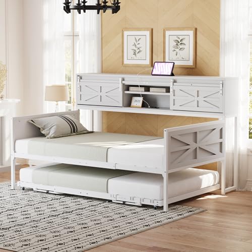 UATARU Extendable Sofa Bed, 90 * 200 cm Day Bed with Charging Socket and Storage Cabinet, Space Saving Functional Bed with Metal Slatted Frame, Without Mattress (White) von UATARU