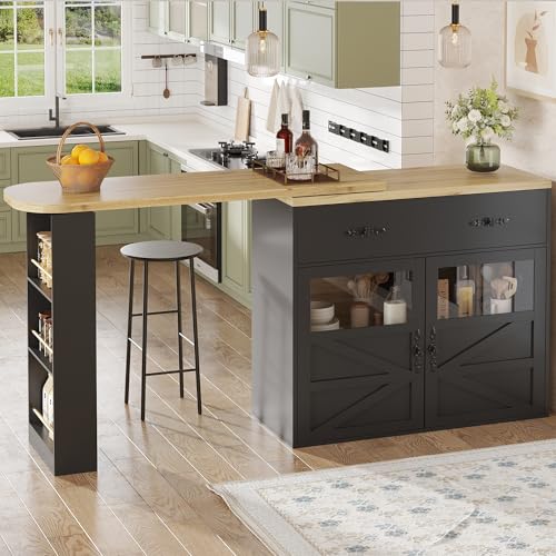 UATARU Extractable Bar Table with Storage, 360° Rotatable Kitchen Island Bistro Table Sideboard Cabinet with Snack Rack for Dining Room/Living Room (Black) von UATARU